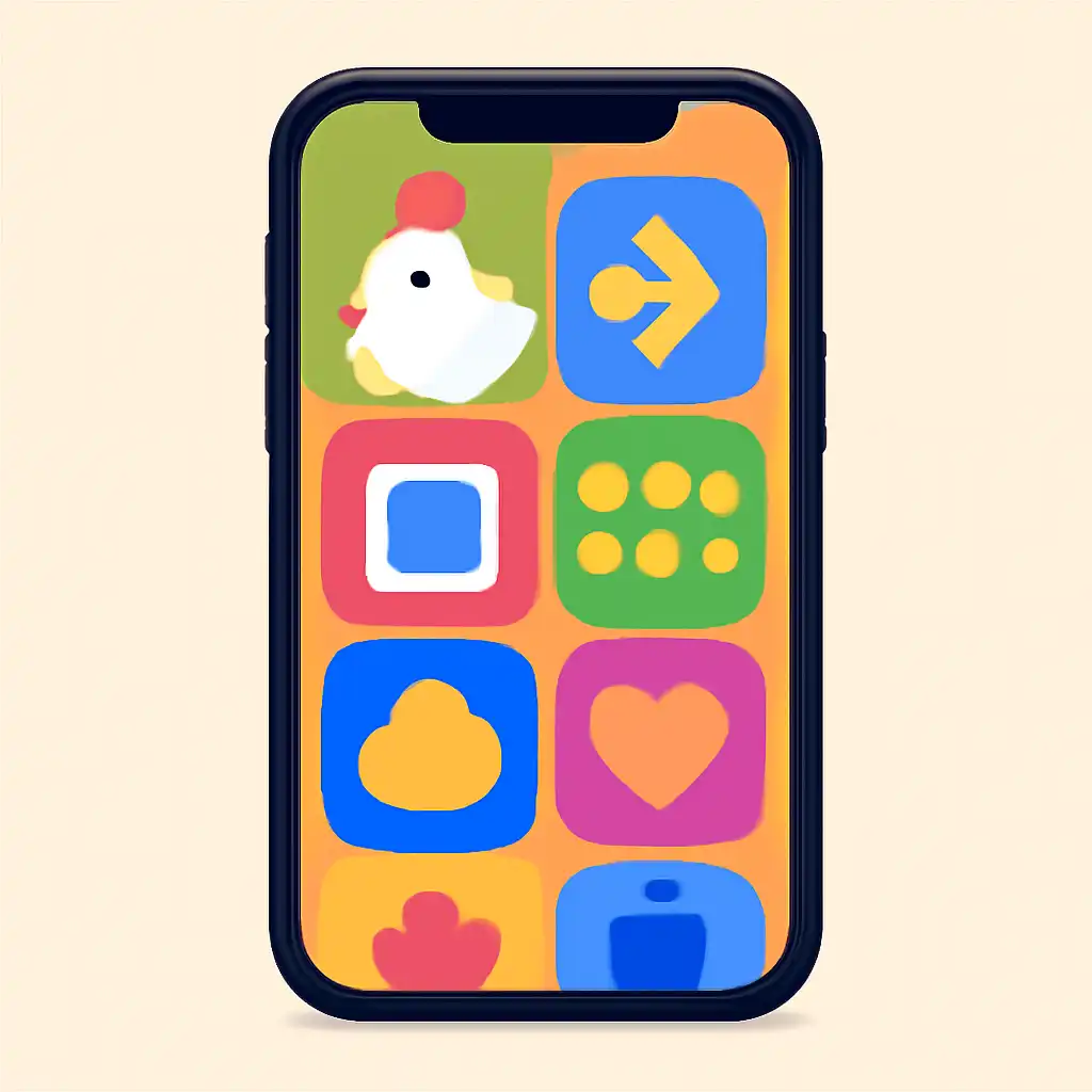 Smartphone shown from the front displaying a colourful flat layout of abstract game icons and rounded tiles, Chicken Road