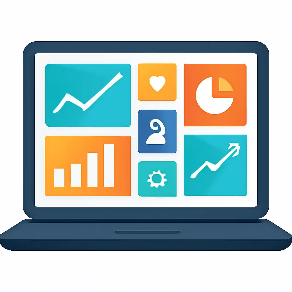 Laptop shown from the front displaying a colourful flat dashboard of abstract charts, bars and icon tiles, Why Predictors