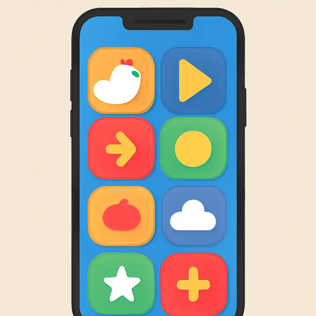 Smartphone shown from the front displaying a colourful flat layout of abstract game icons and rounded tiles, Auto Play and