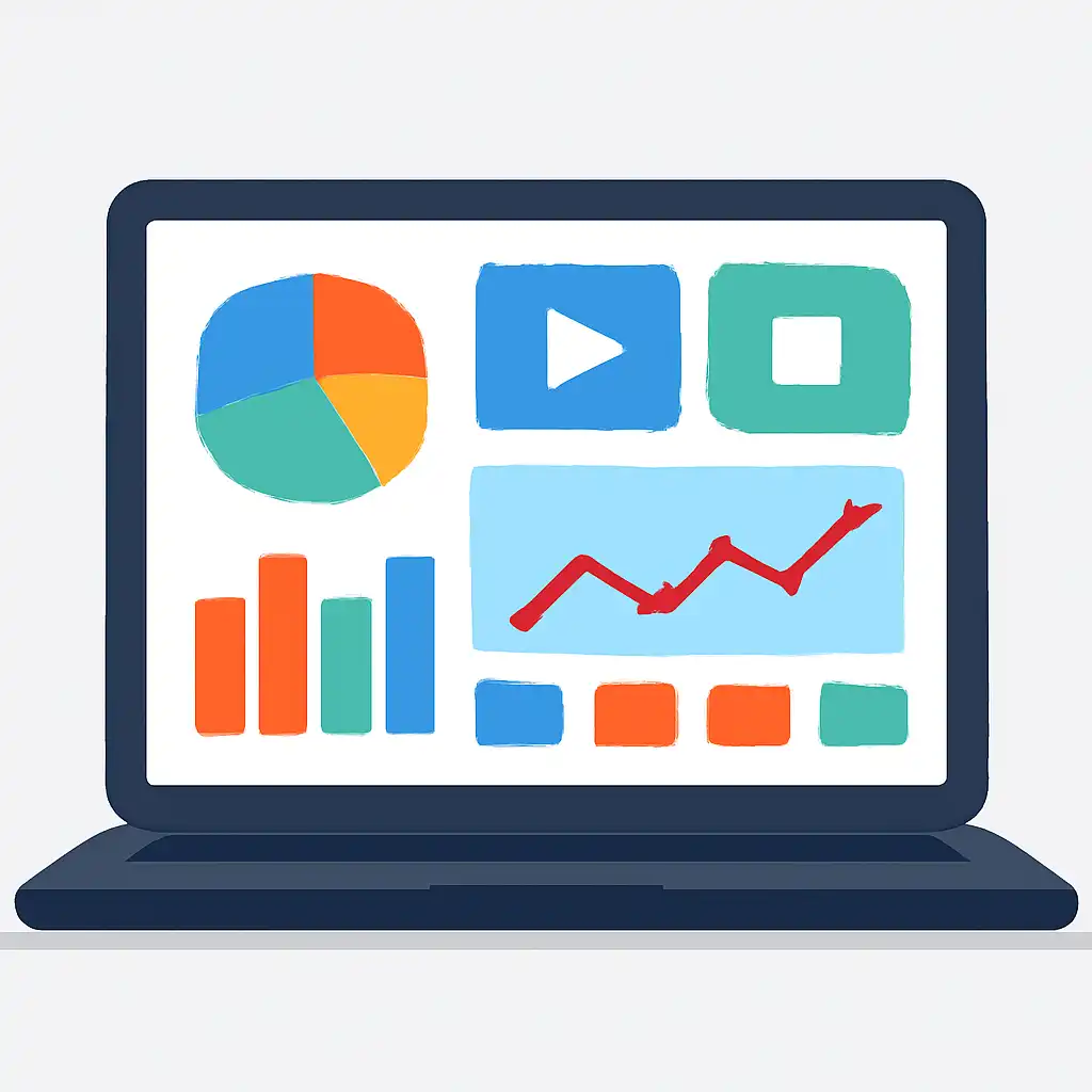 Laptop shown from the front displaying a colourful flat dashboard of abstract charts, bars and icon tiles, Auto Play and