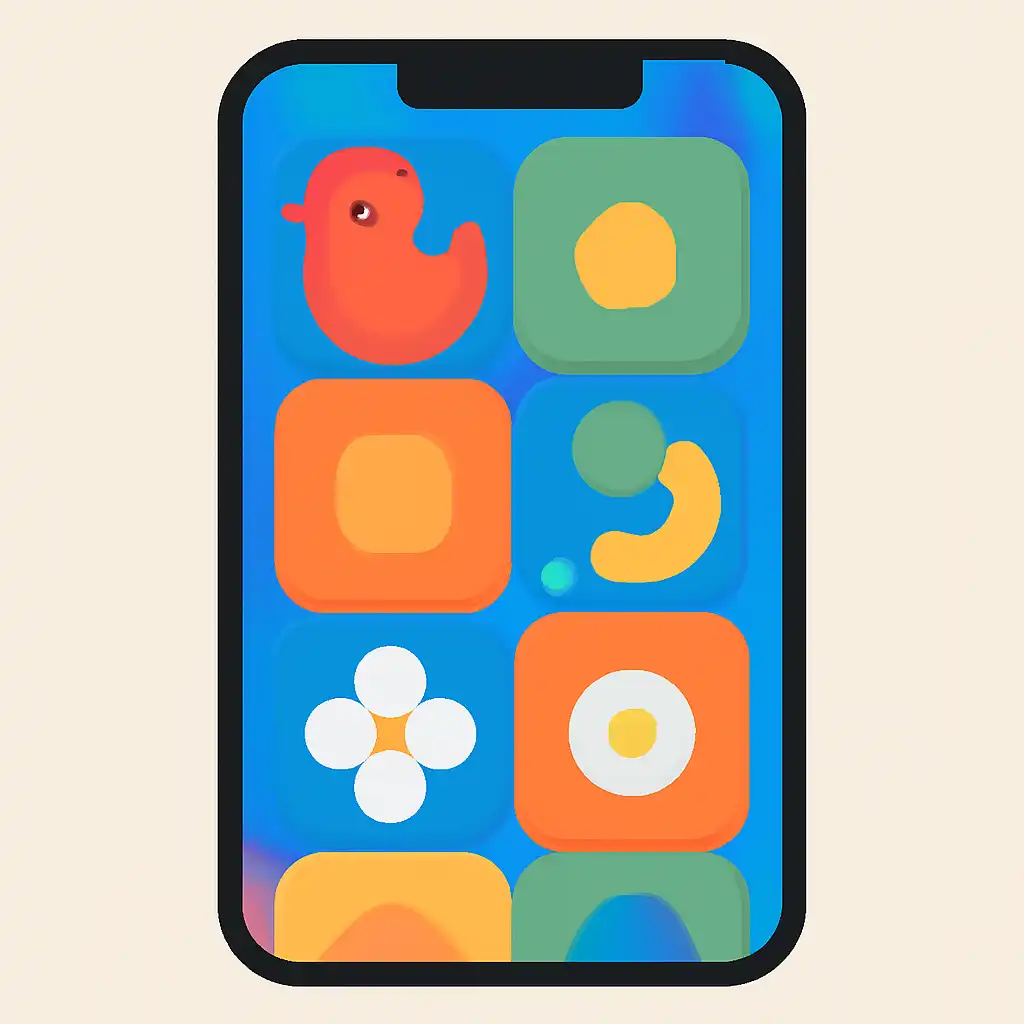 Smartphone shown from the front displaying a colourful flat layout of abstract game icons and rounded tiles, Crash Games
