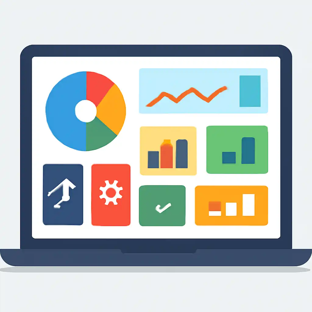 Laptop shown from the front displaying a colourful flat dashboard of abstract charts, bars and icon tiles, Crash Games