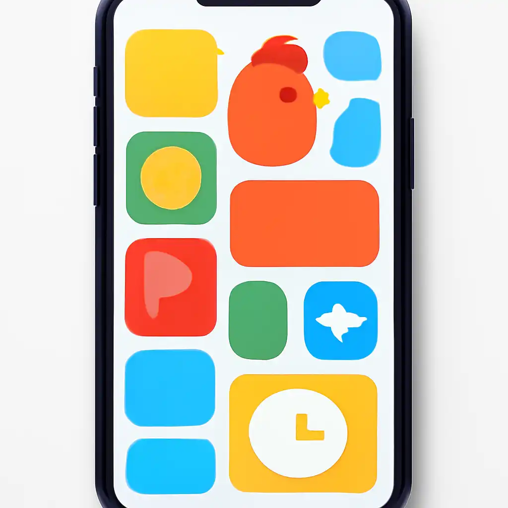 Smartphone shown from the front displaying a colourful flat layout of abstract game icons and rounded tiles, Cash-Out