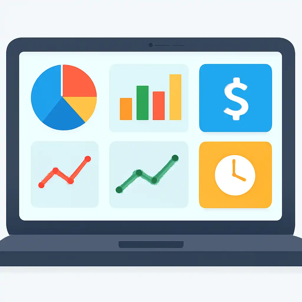 Laptop shown from the front displaying a colourful flat dashboard of abstract charts, bars and icon tiles, Cash-Out Timing