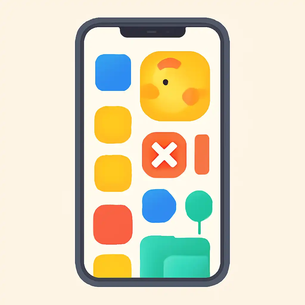 Smartphone shown from the front displaying a colourful flat layout of abstract game icons and rounded tiles, How a Crash
