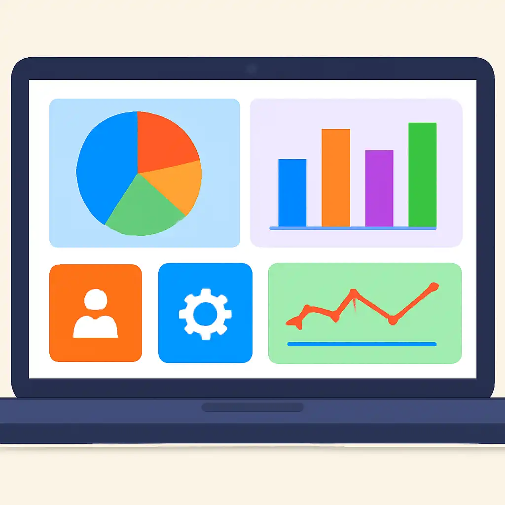 Laptop shown from the front displaying a colourful flat dashboard of abstract charts, bars and icon tiles, How a Crash